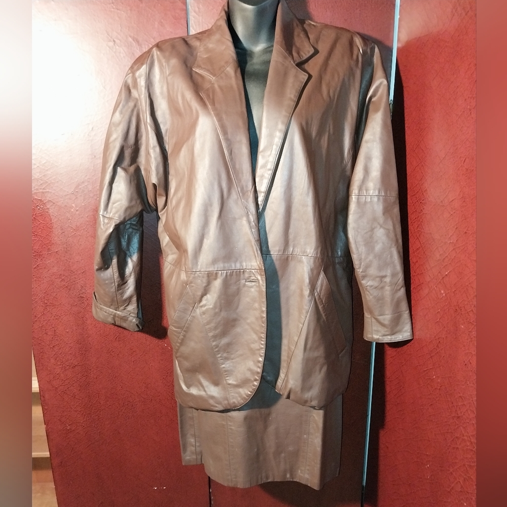 Cedars Vintage Brown Leather Blazer and Skirt Set